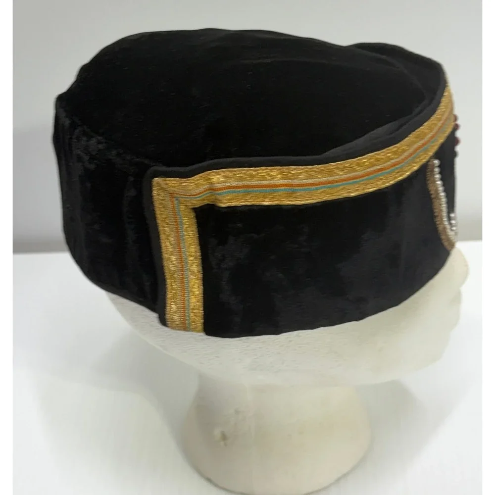 Vintage Black Velvet Pillbox Hat Gold Bullion Embroidery Pearls Made in India